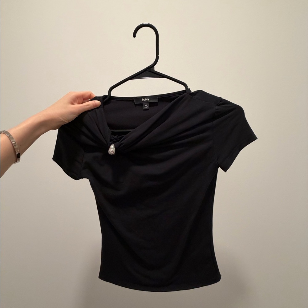 KHY Black Short Sleeve Twist-Front Top with Silver Pierced Accent